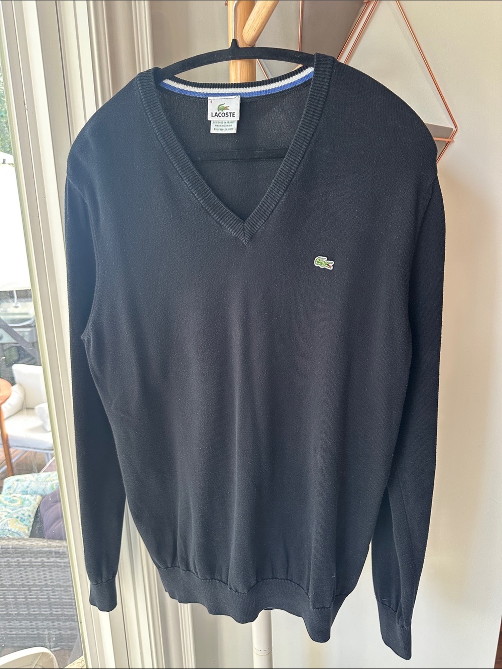 LACOSTE Men's Black V-Neck Cotton Sweater Classic Pullover Size 4 Medium